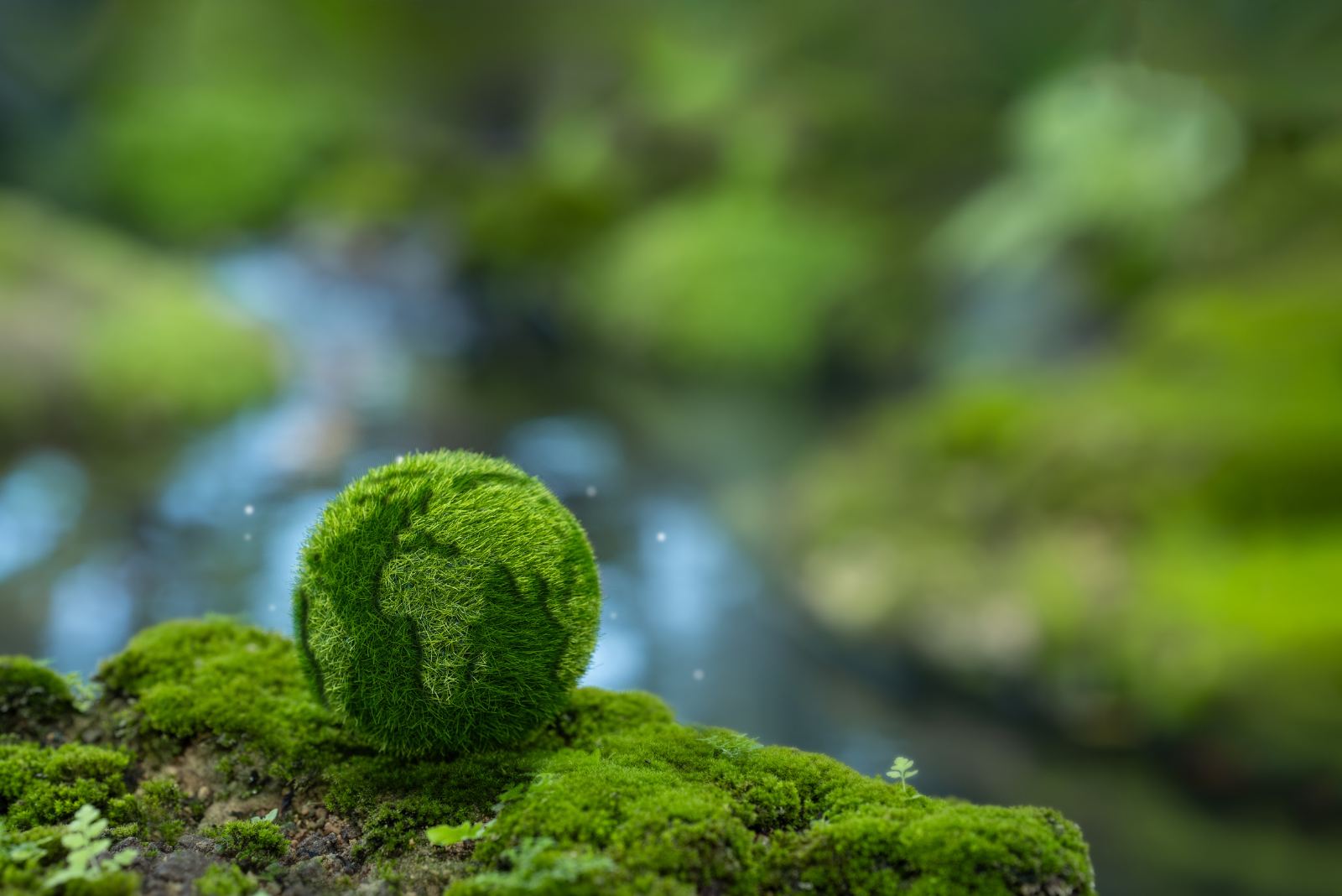 Moss-covered globe in a forest, symbolizing sustainability.