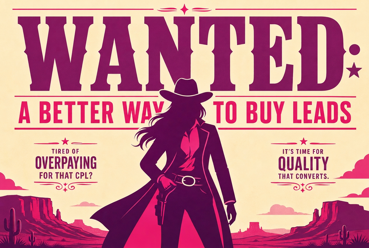 Wild-west WANTED poster: a better way to buy leads. Tired of overpaying for that CPL? It's time for quality that converts.