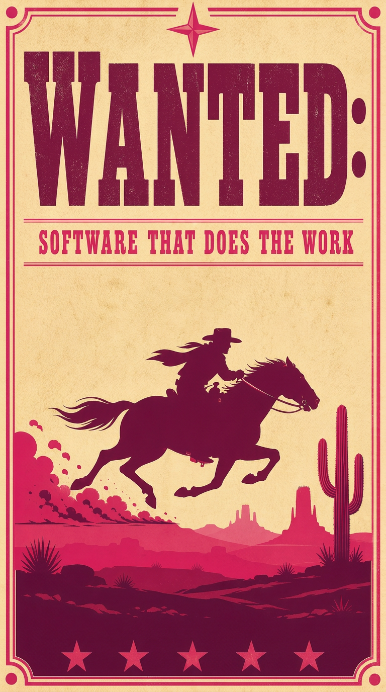 Old-west style wanted poster in Audyence magenta and pink on cream paper. Headline reads Wanted: Software That Does the Work, above a silhouette of a rider on a galloping horse crossing a desert of mesas and cactus.
