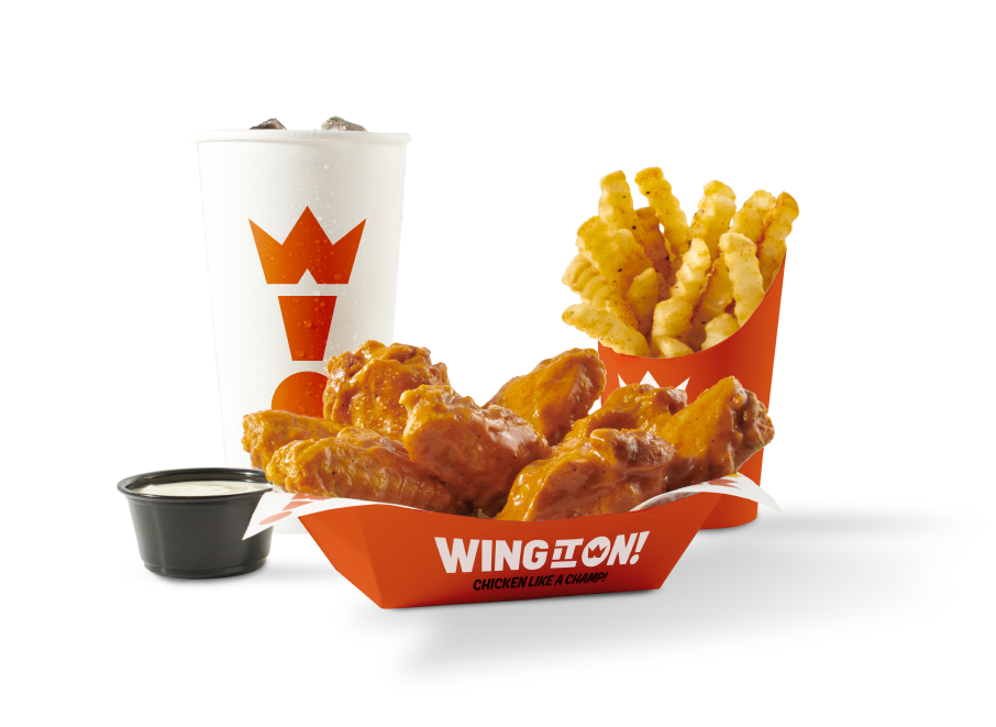 Wing It On! saucy chicken wings with crinkle-cut fries, a drink, and a side of dipping sauce