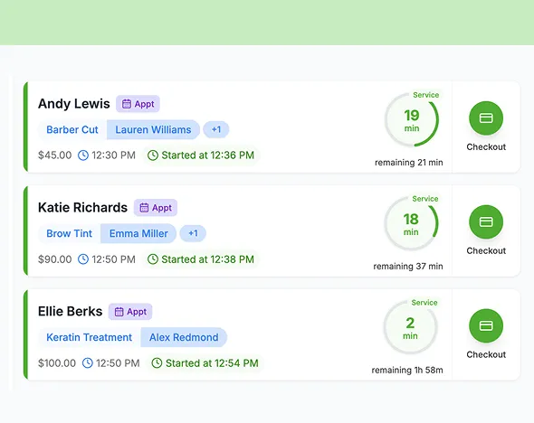 Appointment list showing three services for Andy Lewis, Katie Richards, and Ellie Berks with service details, start times, durations, and checkout buttons.