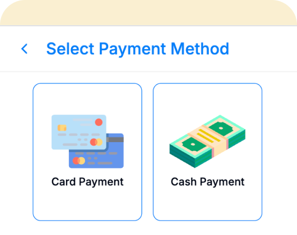 Mobile screen showing payment method options with icons for card payment and cash payment.