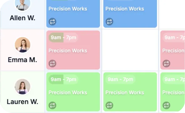 Work schedule showing shifts for Allen W., Emma M., and Lauren W. with colored blocks indicating 'Precision Works' and shift times from 9am to 7pm.