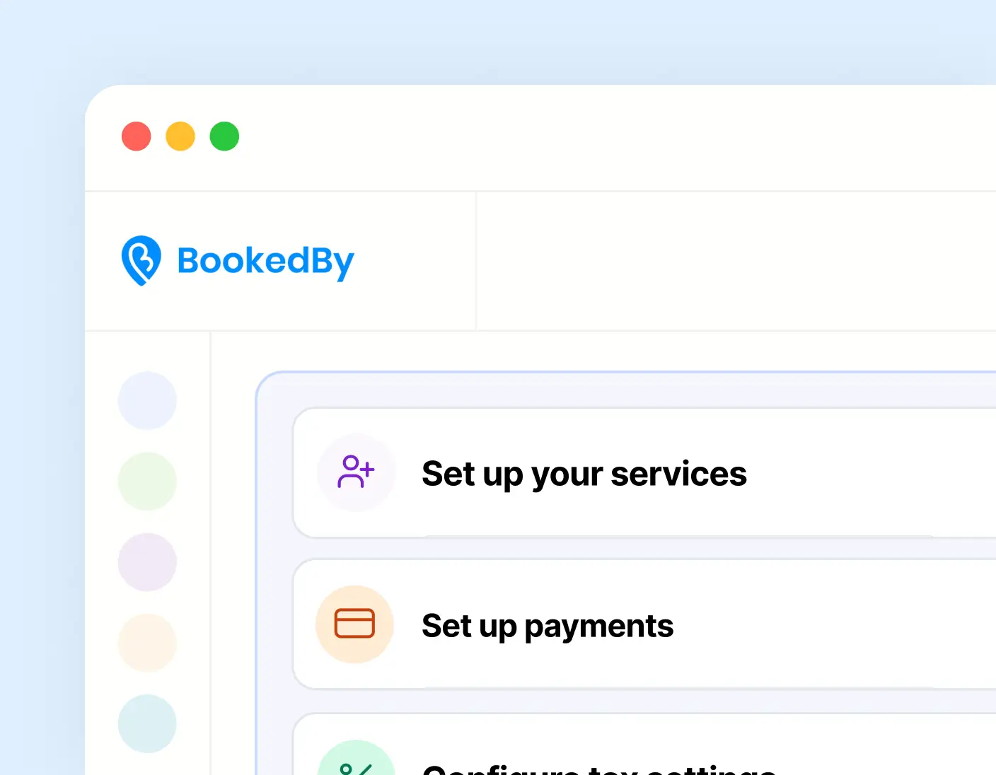 Interface of BookedBy showing options to set up your services, set up payments, and configure tax settings.