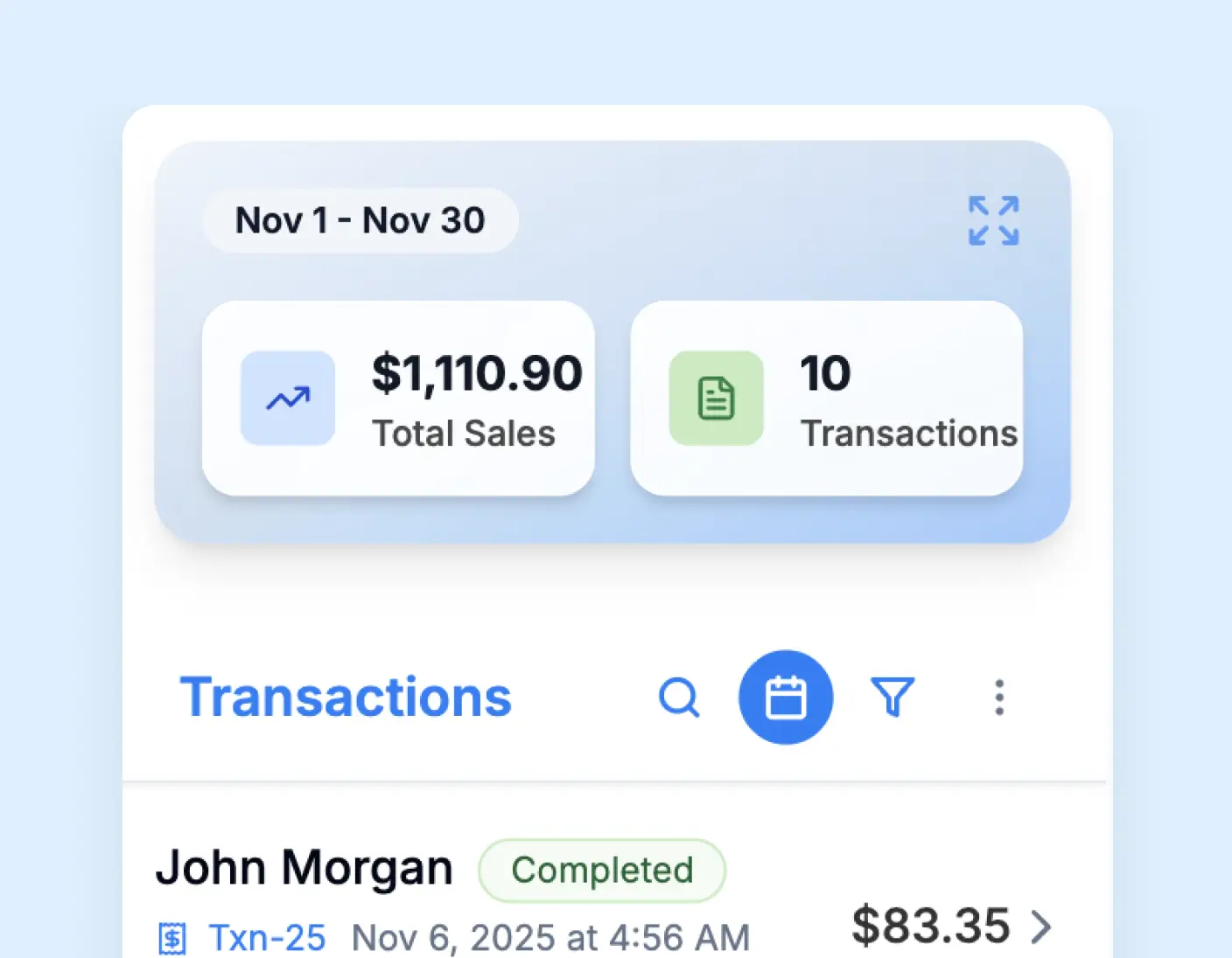 Sales dashboard showing total sales of $1,110.90 and 10 transactions for November 1 to November 30 with a transaction detail for John Morgan completed on Nov 6, 2025, at 4:56 AM for $83.35.