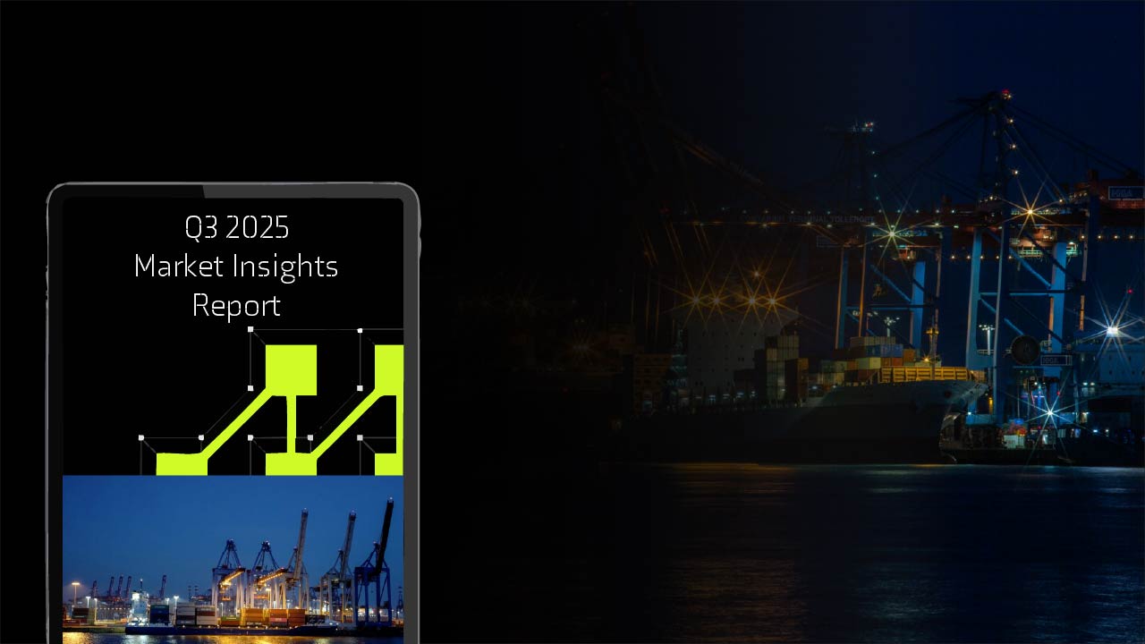 A tablet screen displaying "Q3 2025 Market Insights Report" with a green chart and a port image; nighttime port scene in the background.