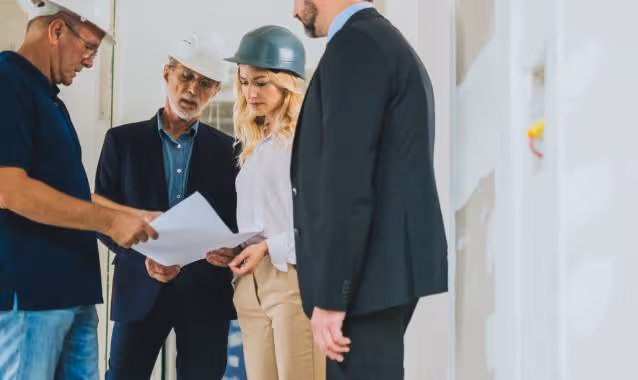 Photo of a JSH custom home builder walking through home plans with clients