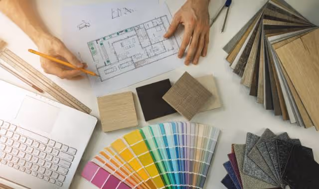 Photo of a desk with architectural plans and color swatches on it