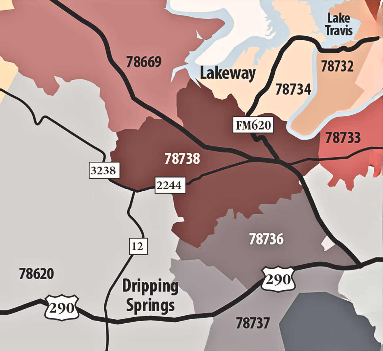 Photo of a map of areas in and around Austin TX