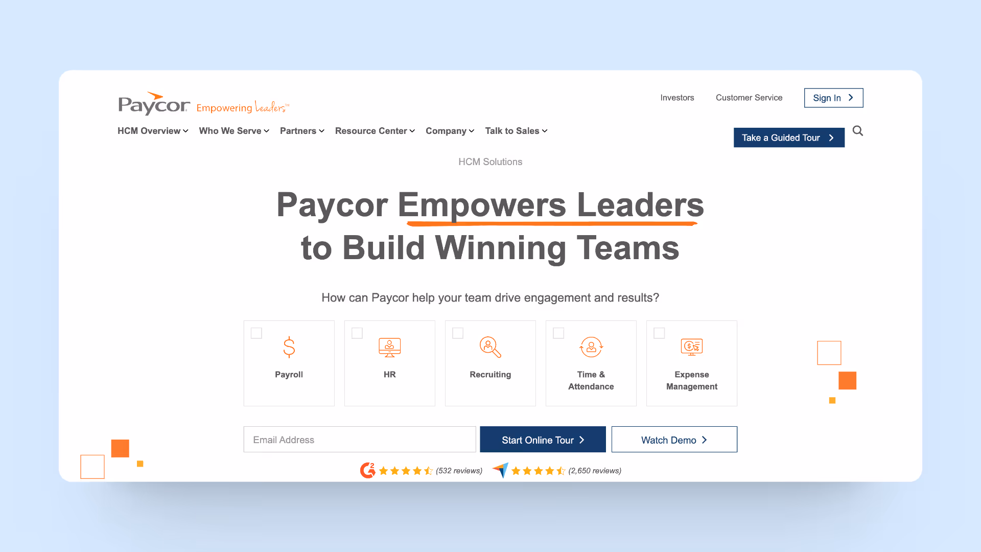 A screenshot of Paycor's homepage