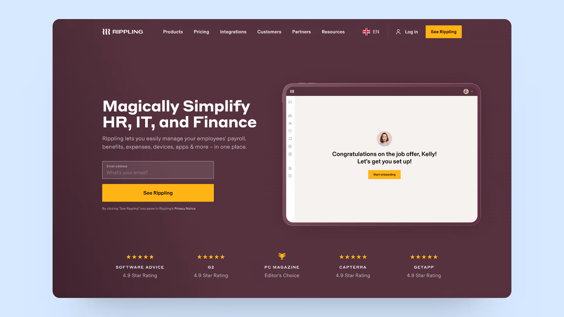 A screenshot of Rippling's homepage