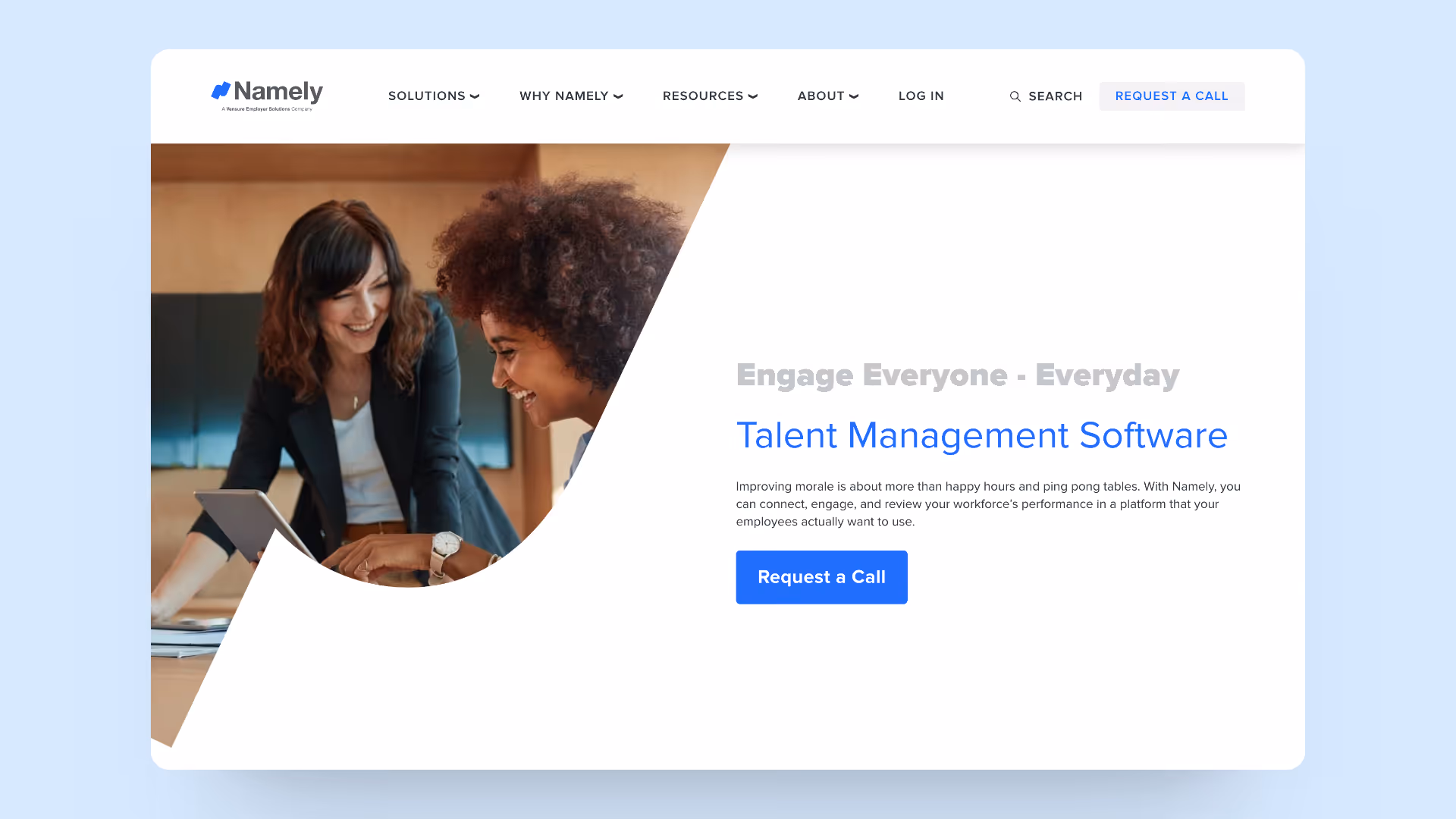 A screenshot of Namely's landing page