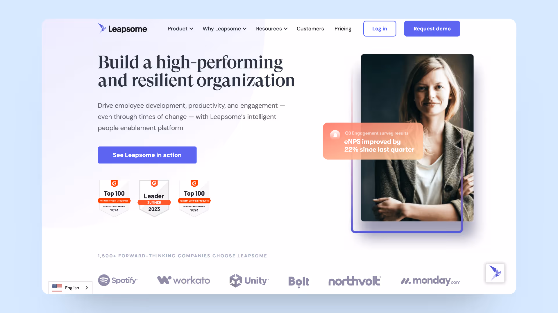 A screenshot of Leapsome's homepage