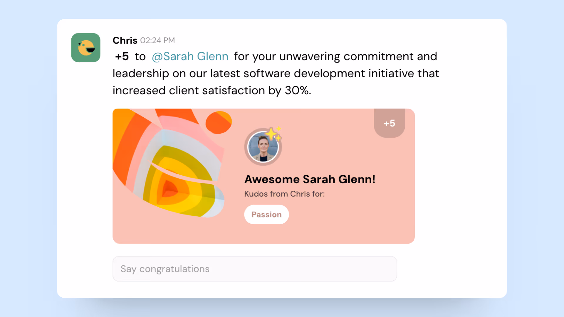 A screenshot of ThriveSparrow's Kudos Card