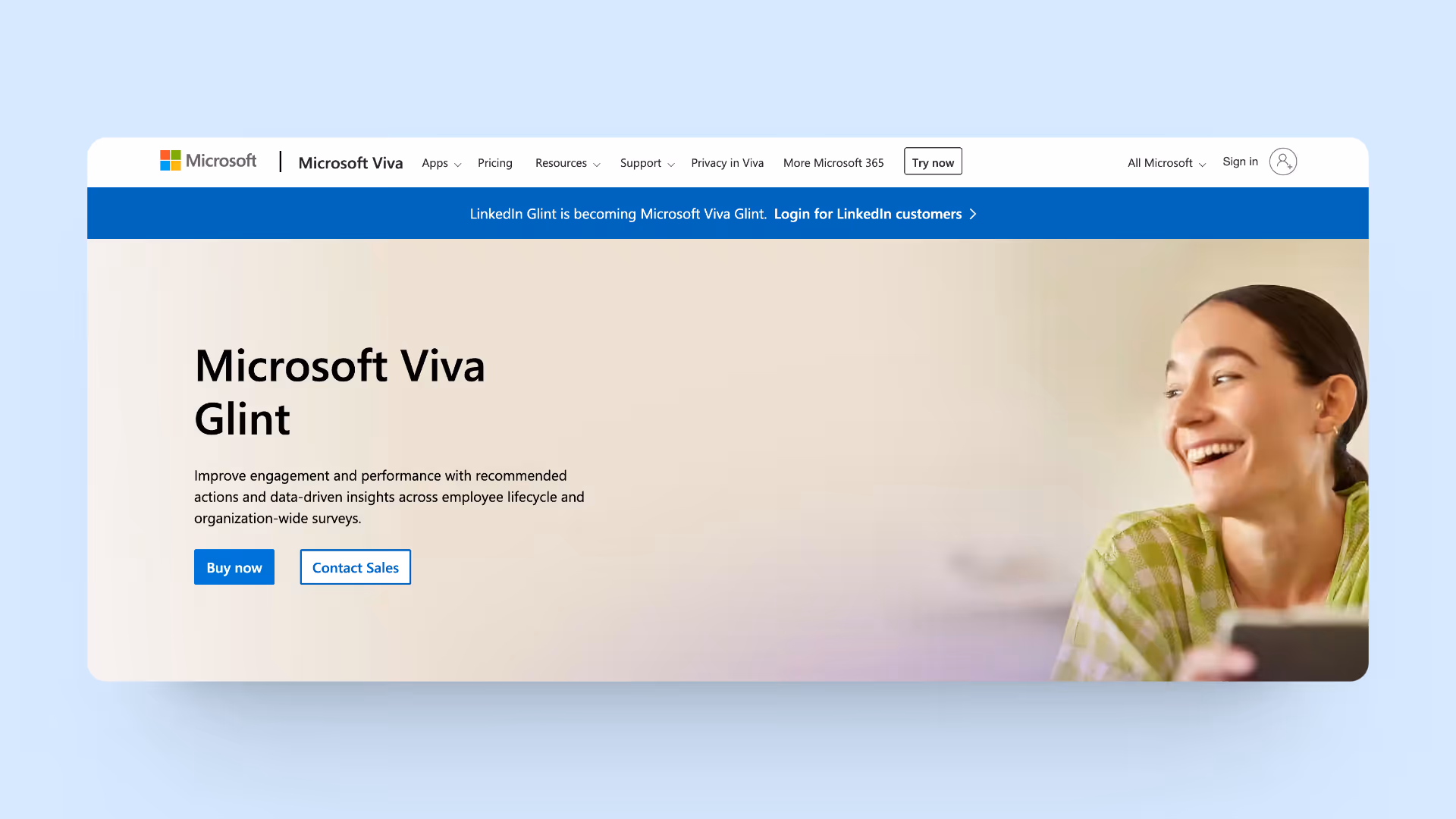 A screenshot of Microsoft Viva Glint's homepage