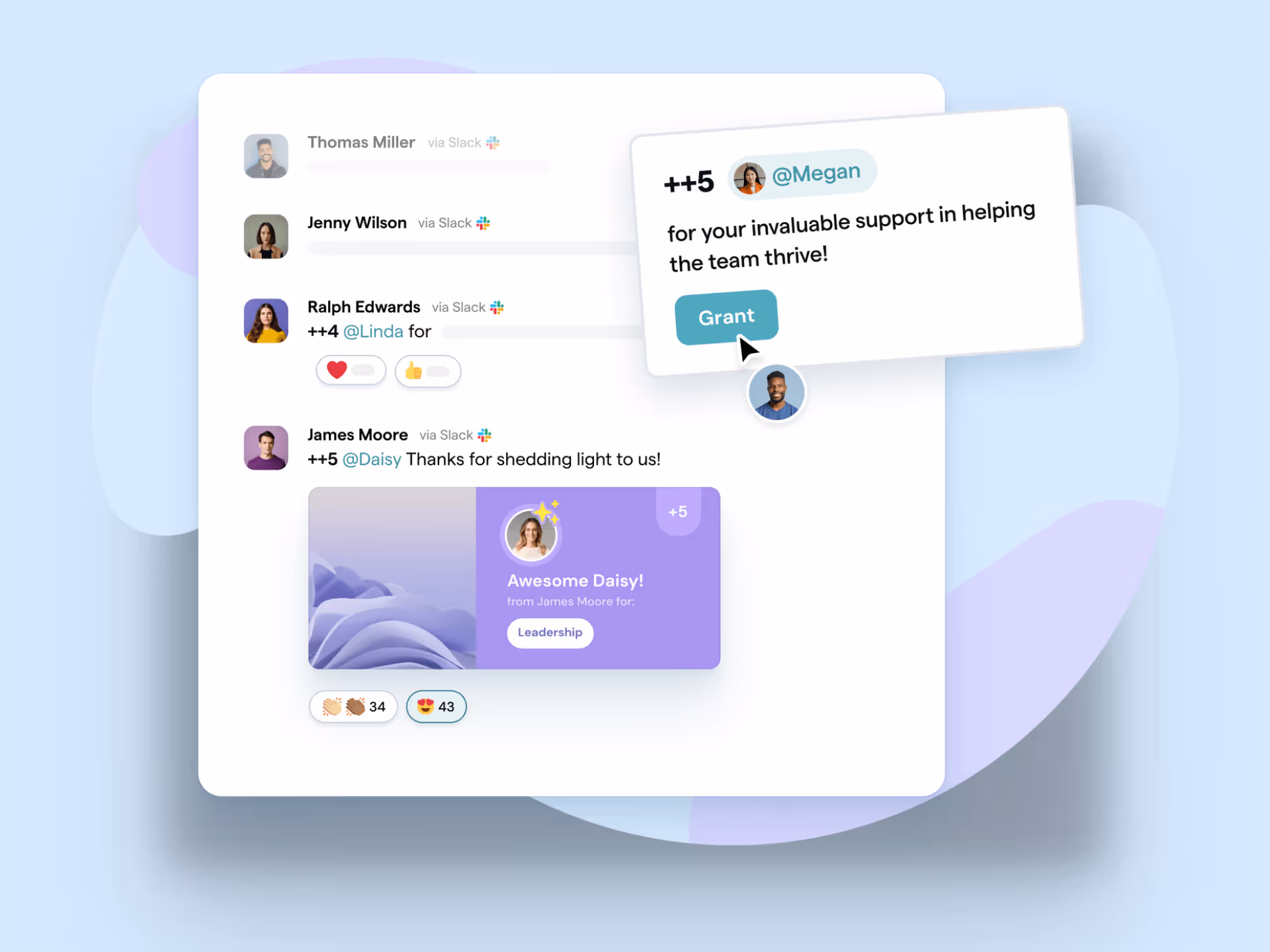 A screenshot of ThriveSparrow's Kudos cards facilitating peer-to-peer recognition
