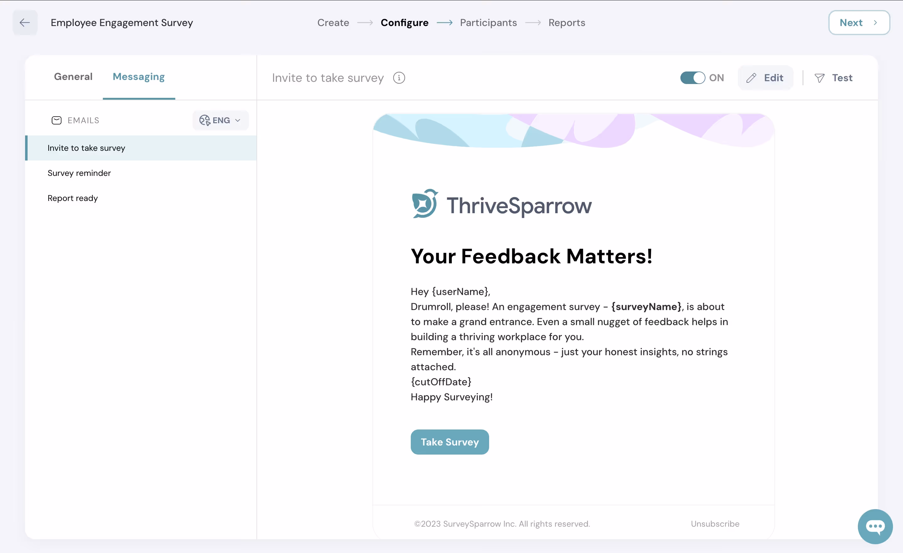 Survey Email Messaging on ThriveSparrow