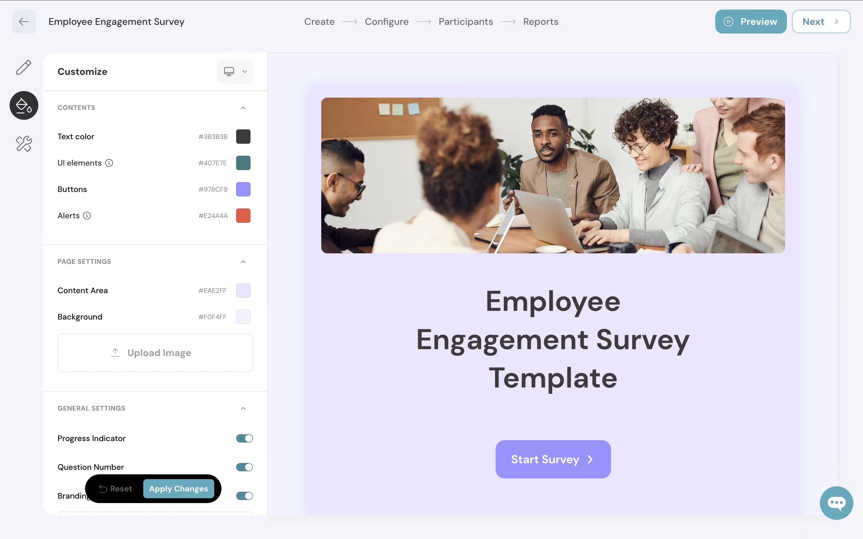 Survey Builder on ThriveSparrow showing color customization options