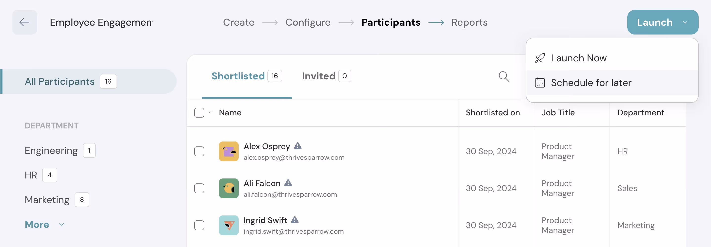 Survey Launch Options on ThriveSparrow