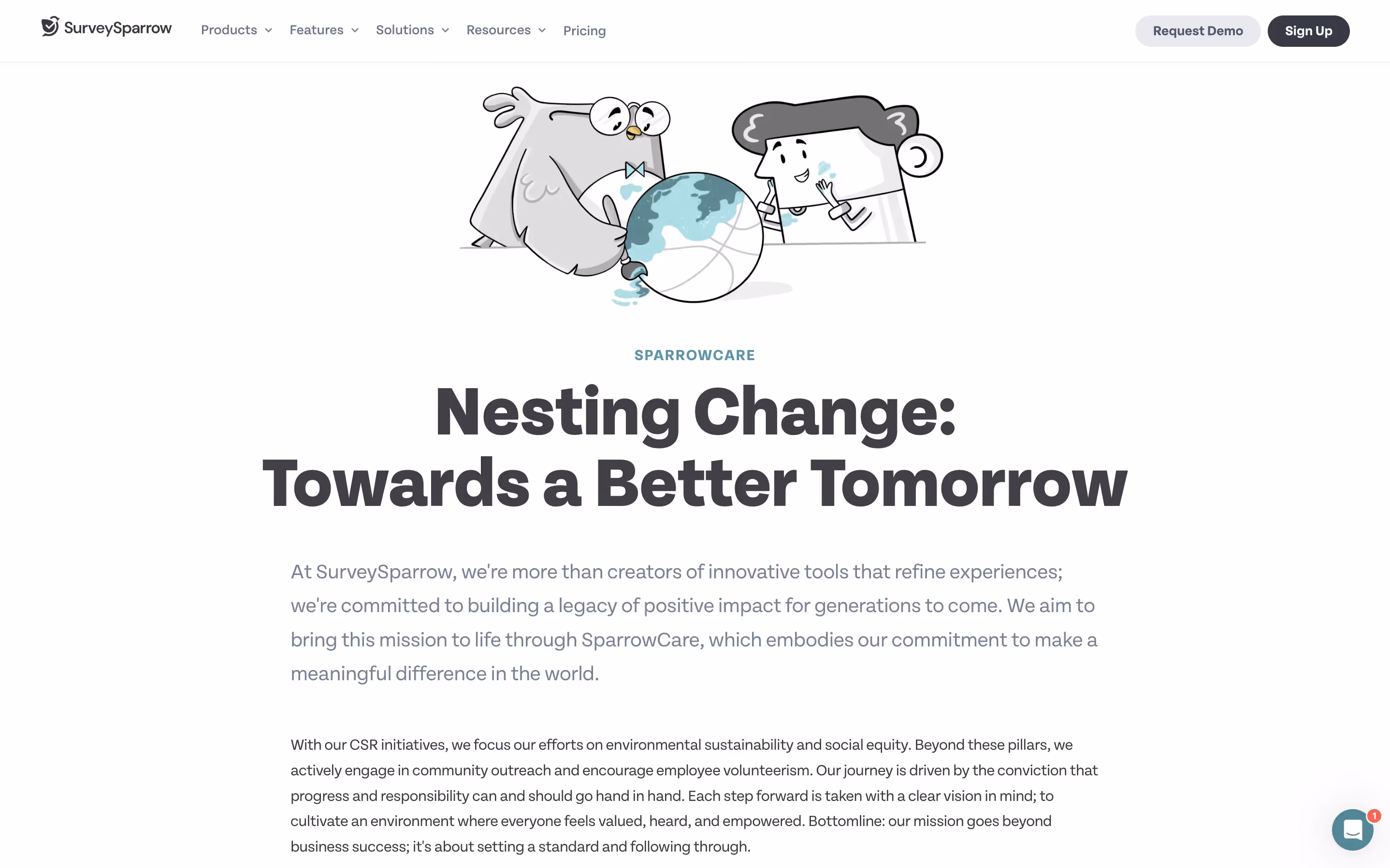 SurveySparrow displaying CSR initiatives on their page: Sparrow Care