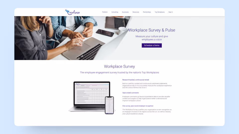 A screenshot of Energage's homepage