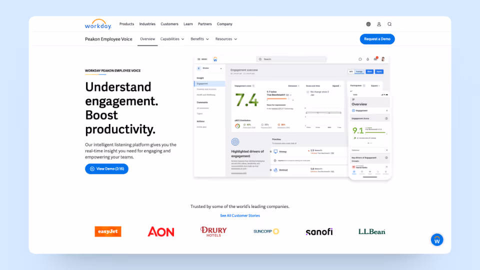 A screenshot of Workday Peakon's homepage