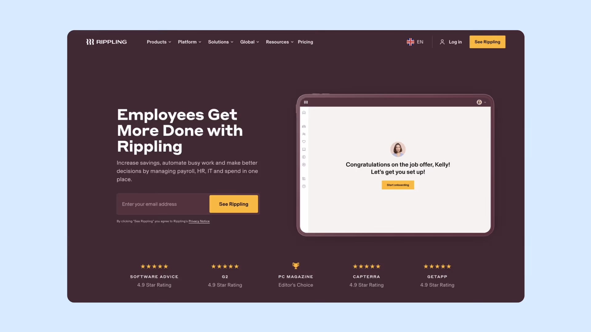 A screenshot of Rippling's homepage