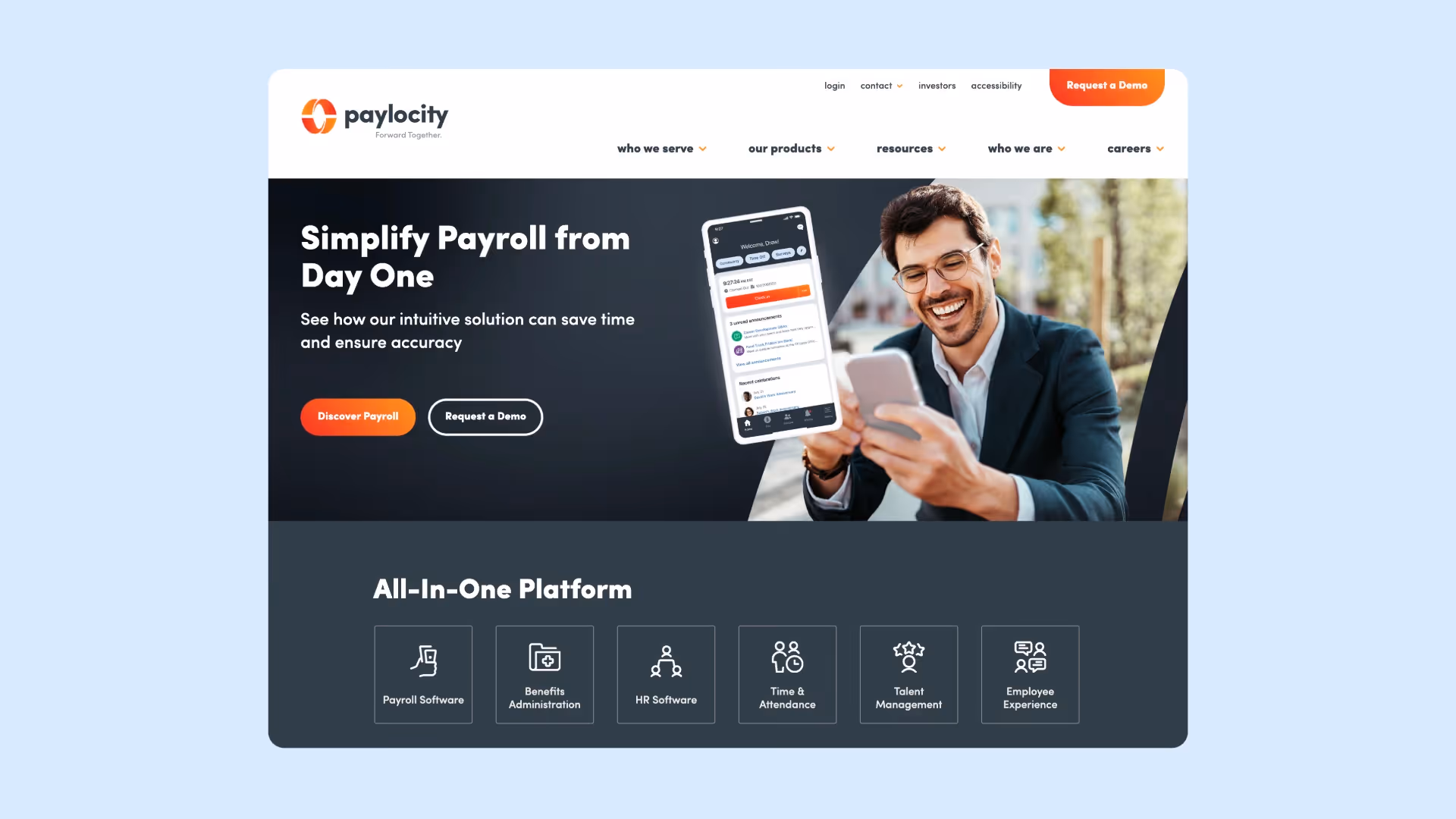 A screenshot of Paylocity's homepage