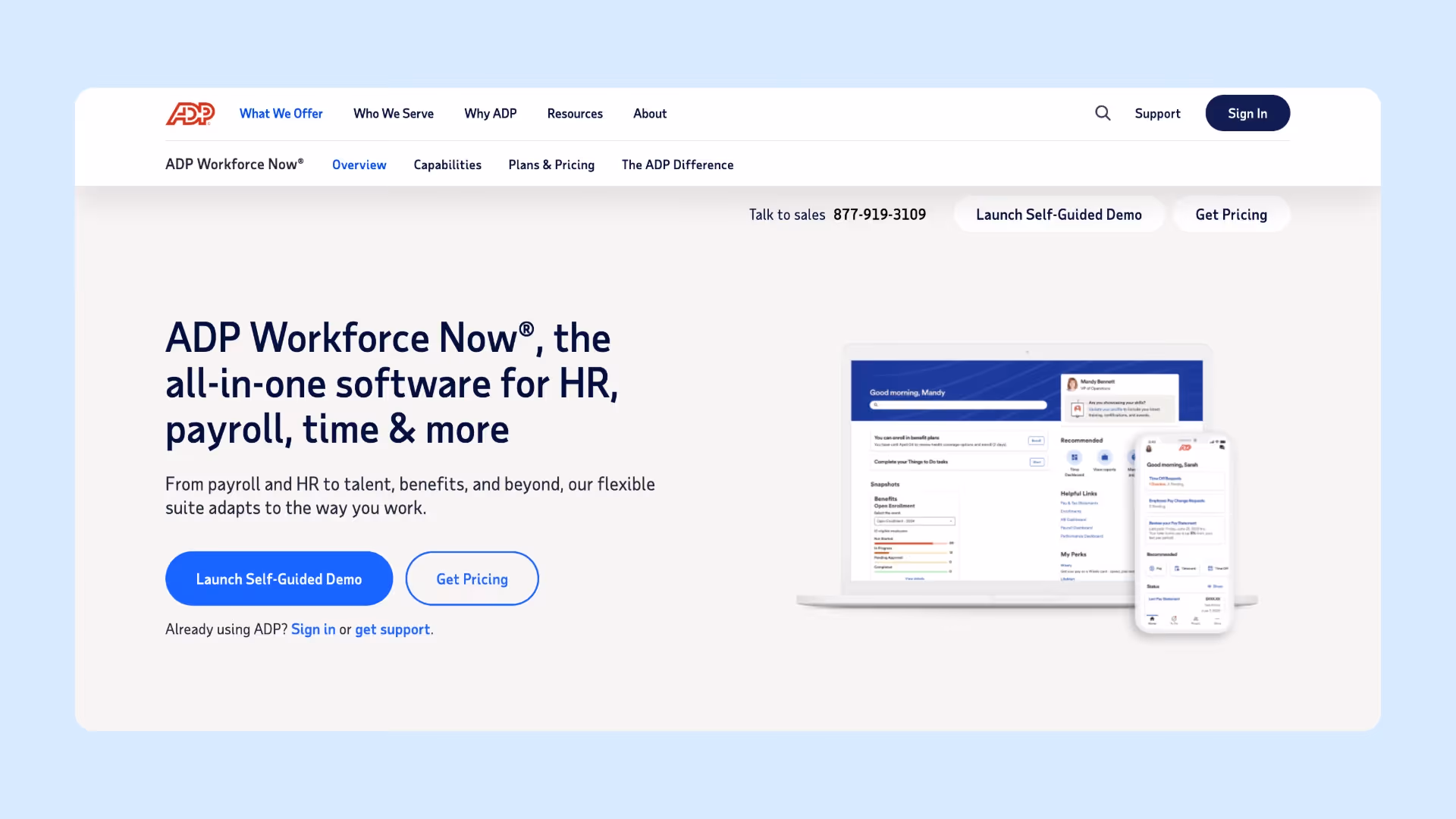 A homepage screenshot of ADP Workforce Now