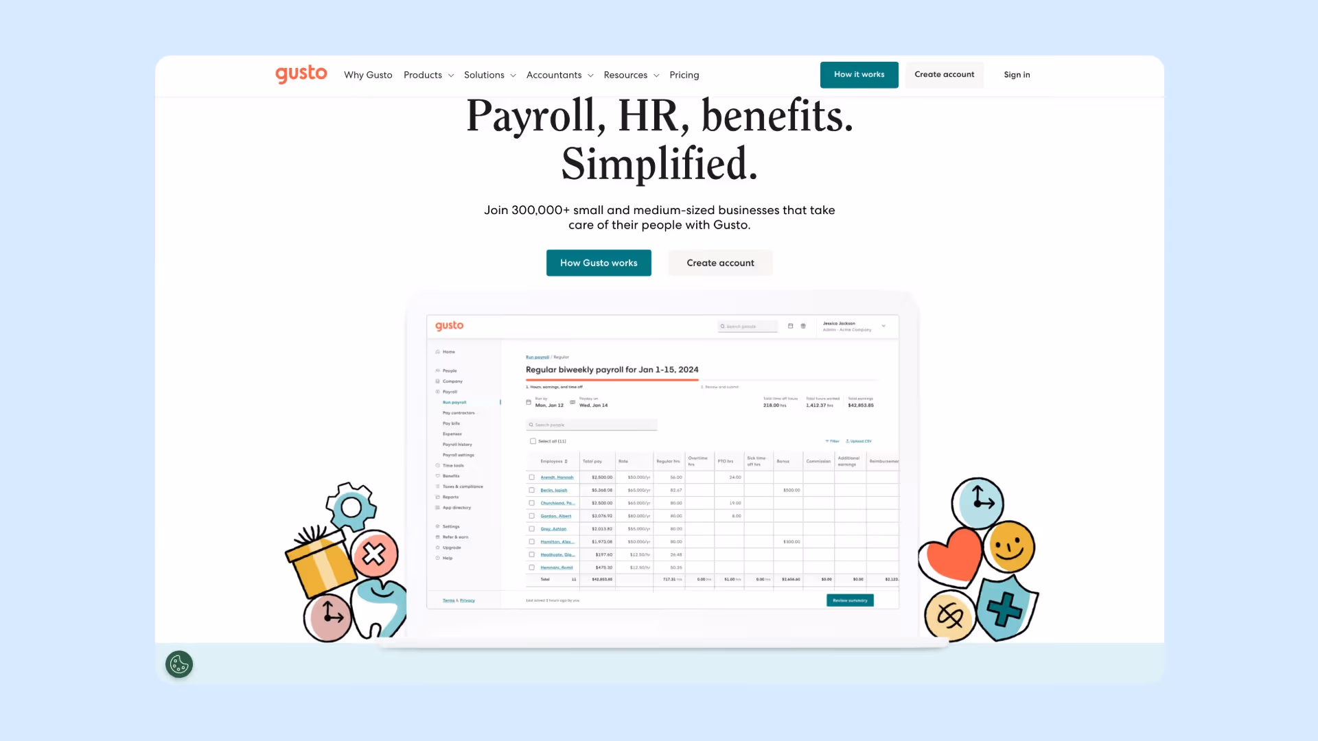 A screenshot of Gusto's homepage