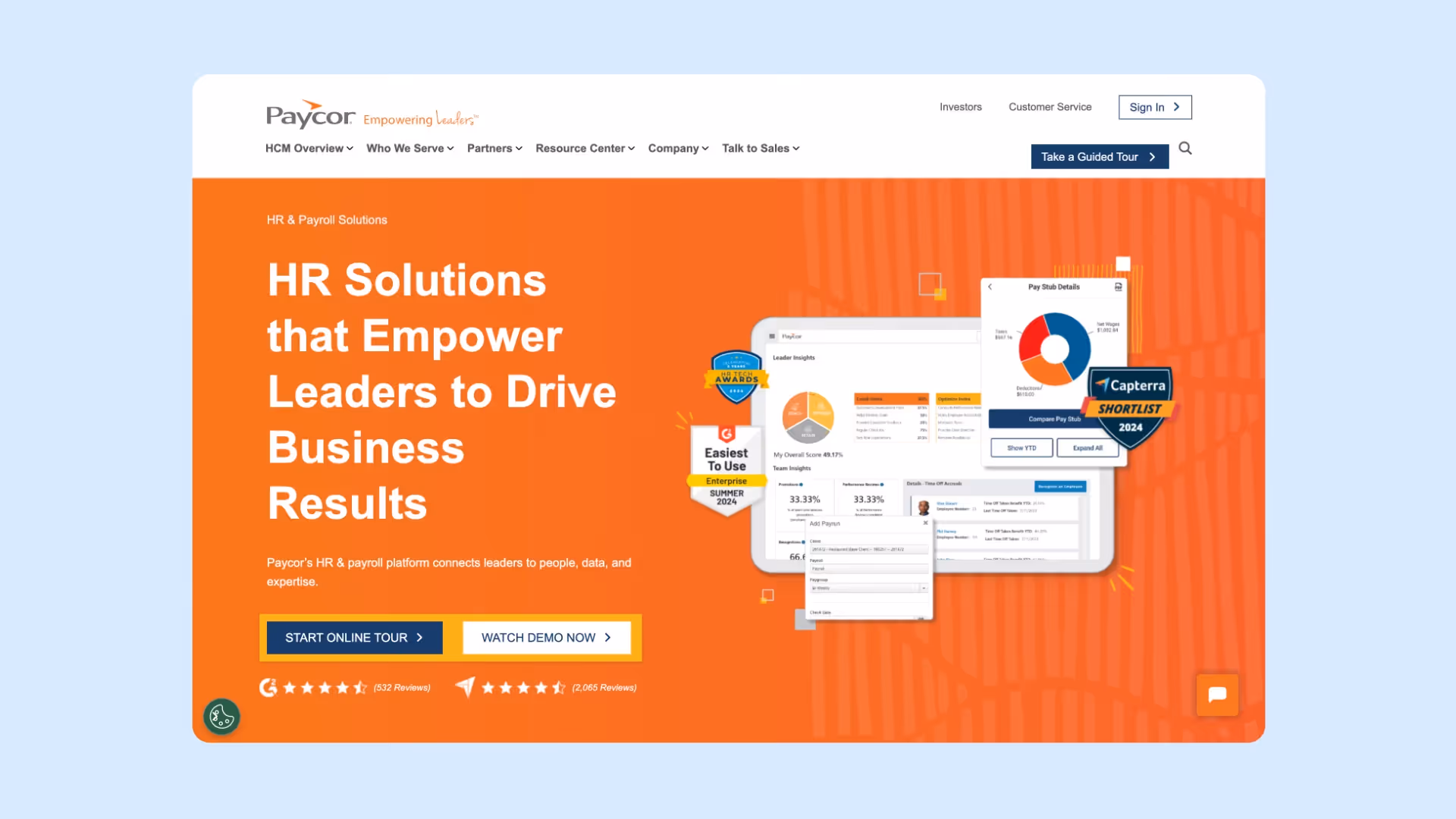 A screenshot of Paycor's homepage