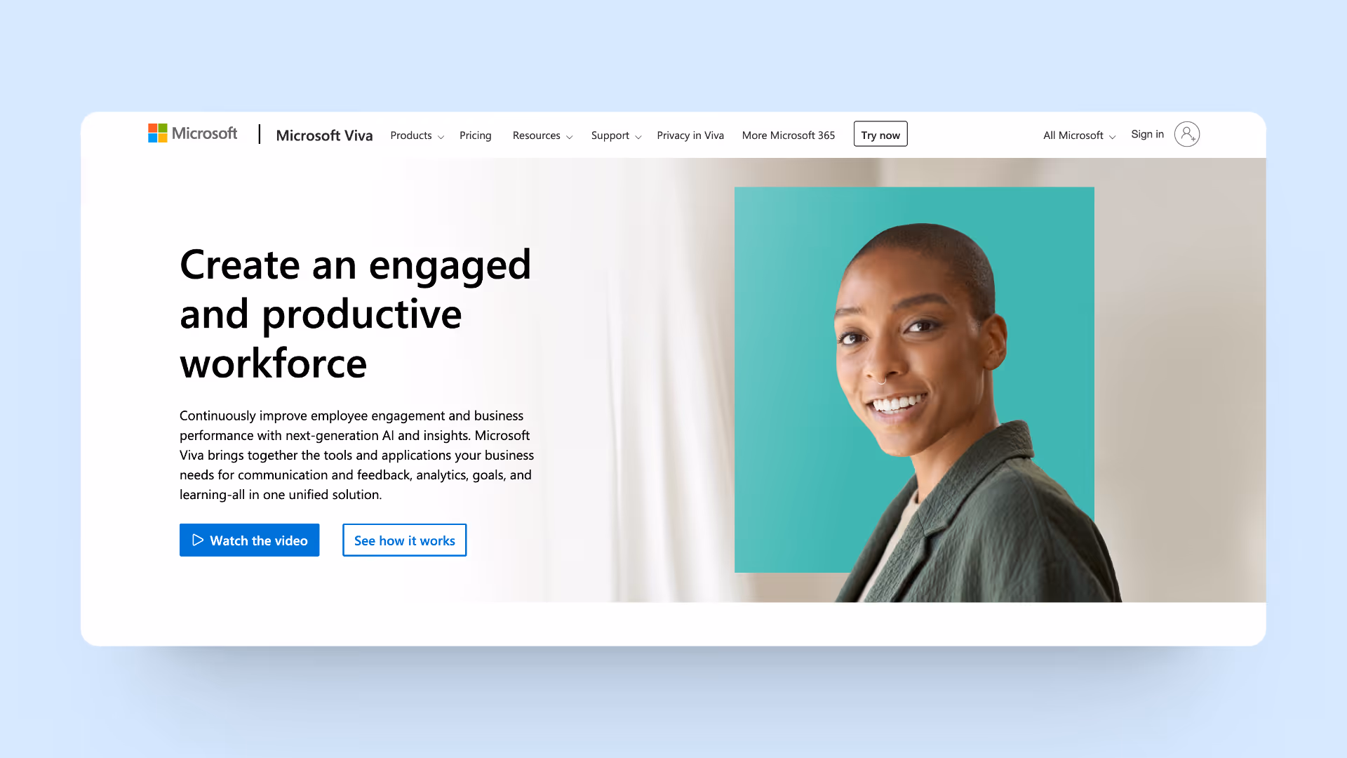 A screeshot of Microsoft Viva homepage