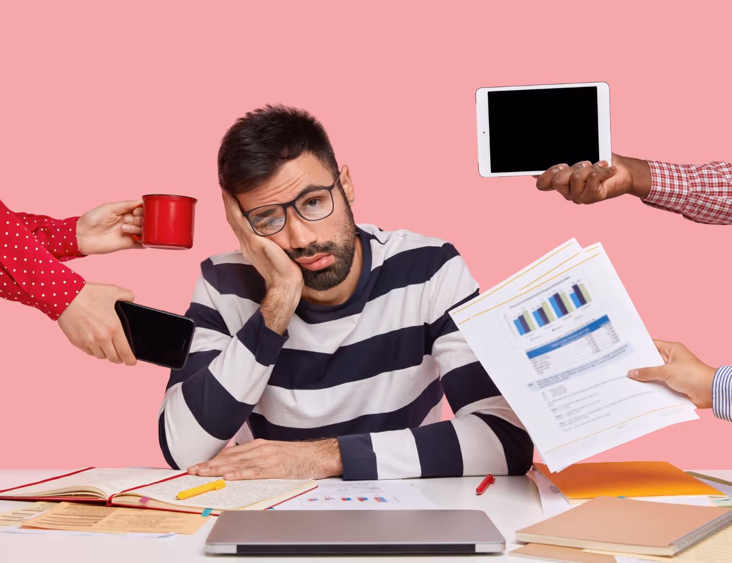 A depiction of a fatigued employee being handed out multiple survey forms - Image by wayhomestudio on Freepik