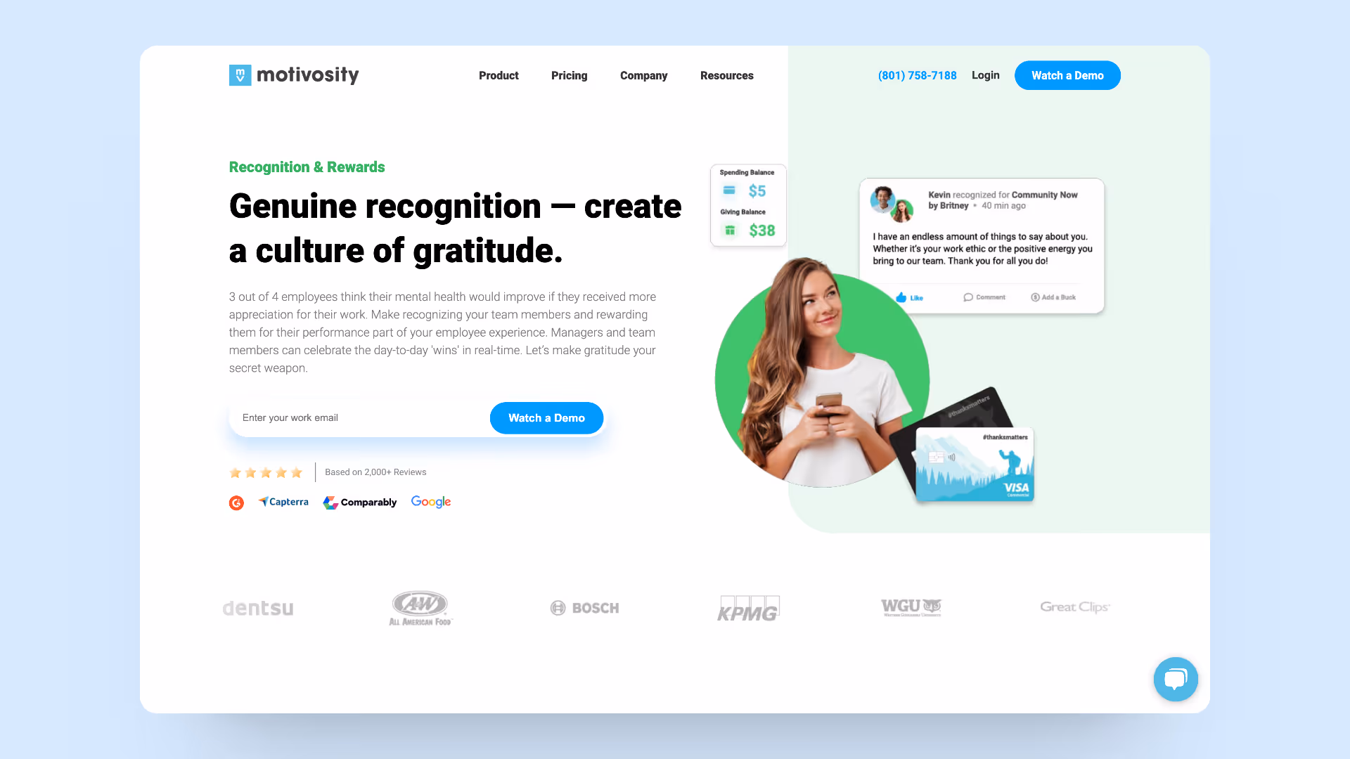 A screenshot of Motivosity's landing page