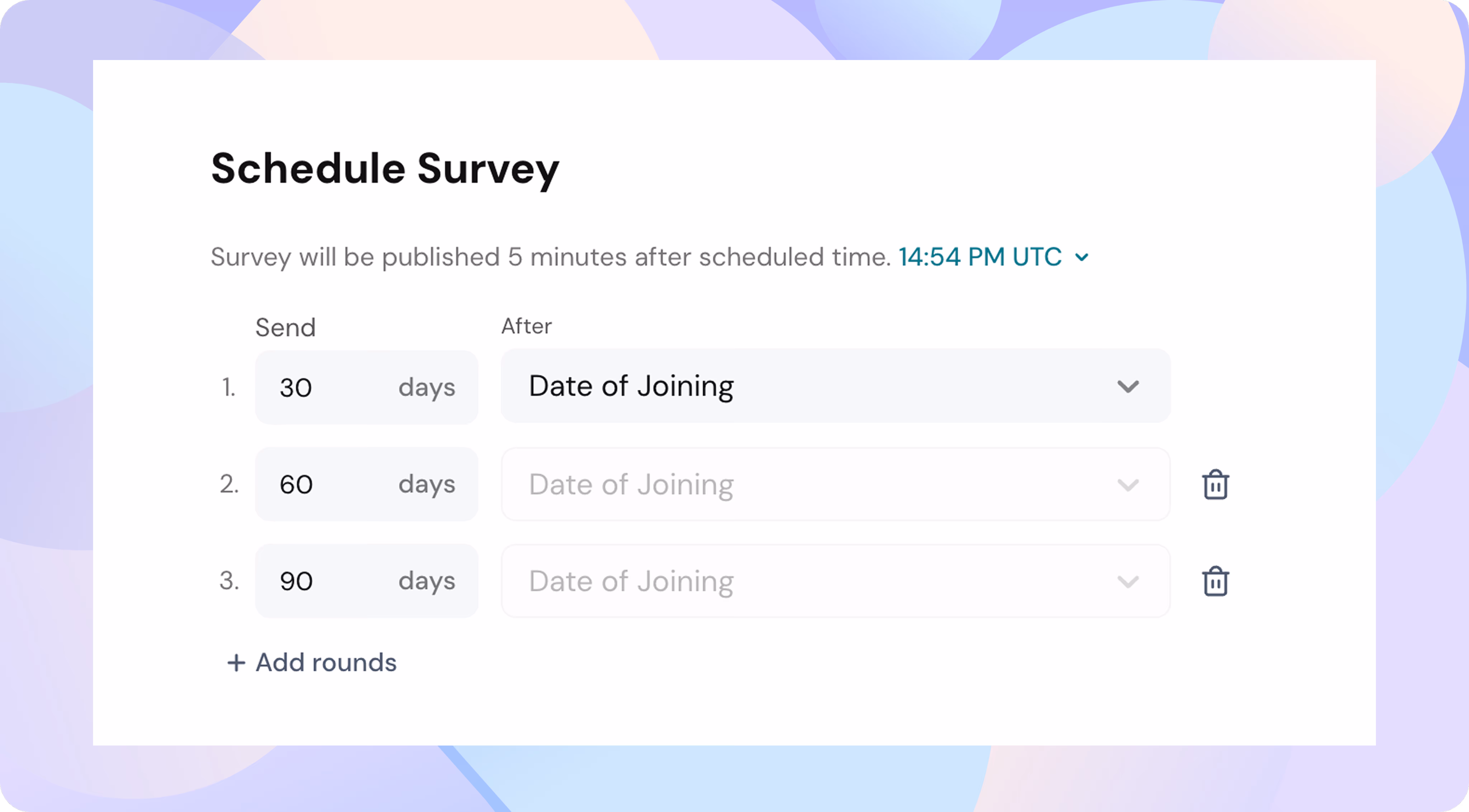 A screenshot depicting ThriveSparrow's capability to schedule surveys at different stages of the onboarding journey..