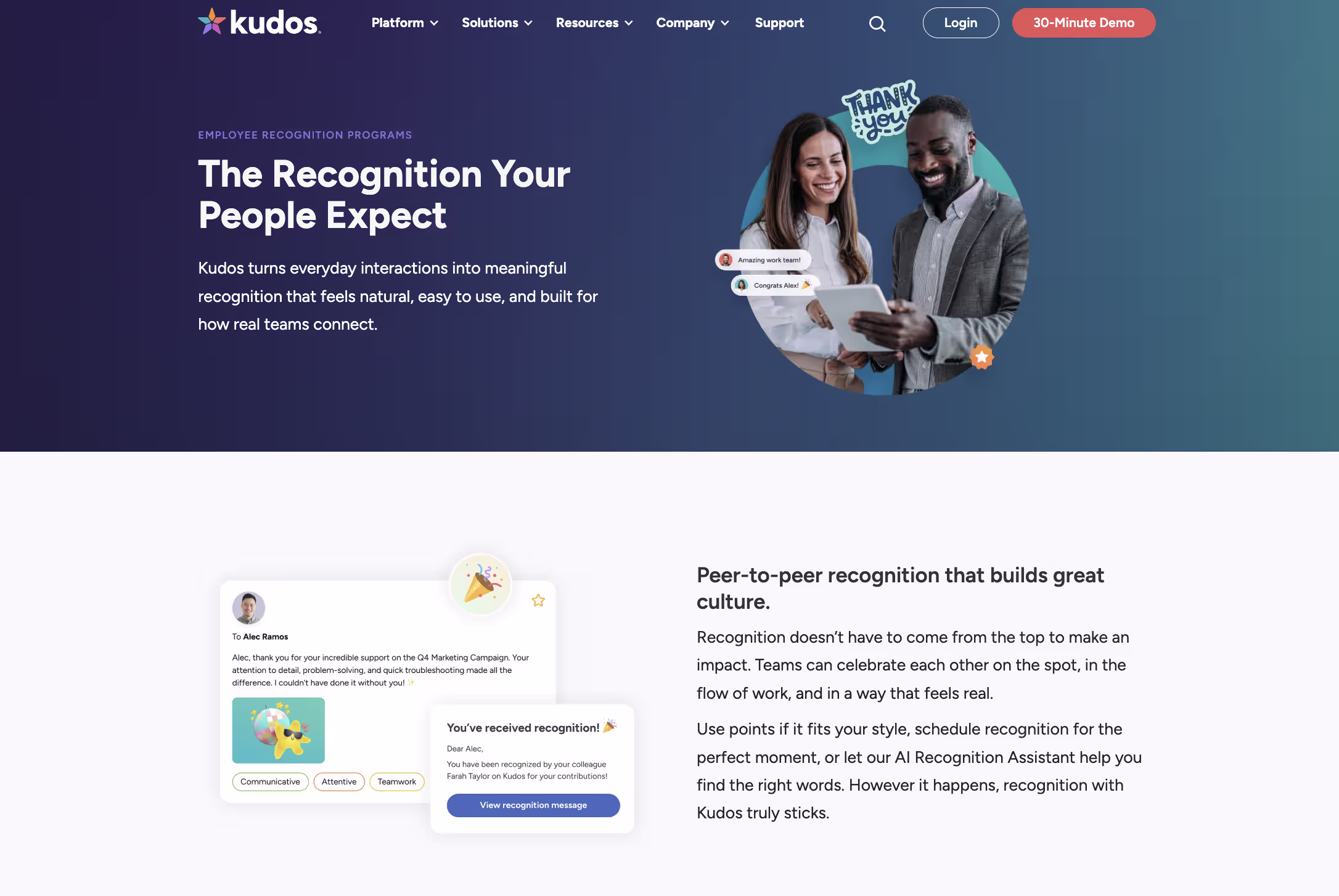 Kudos values-based employee recognition software dashboard