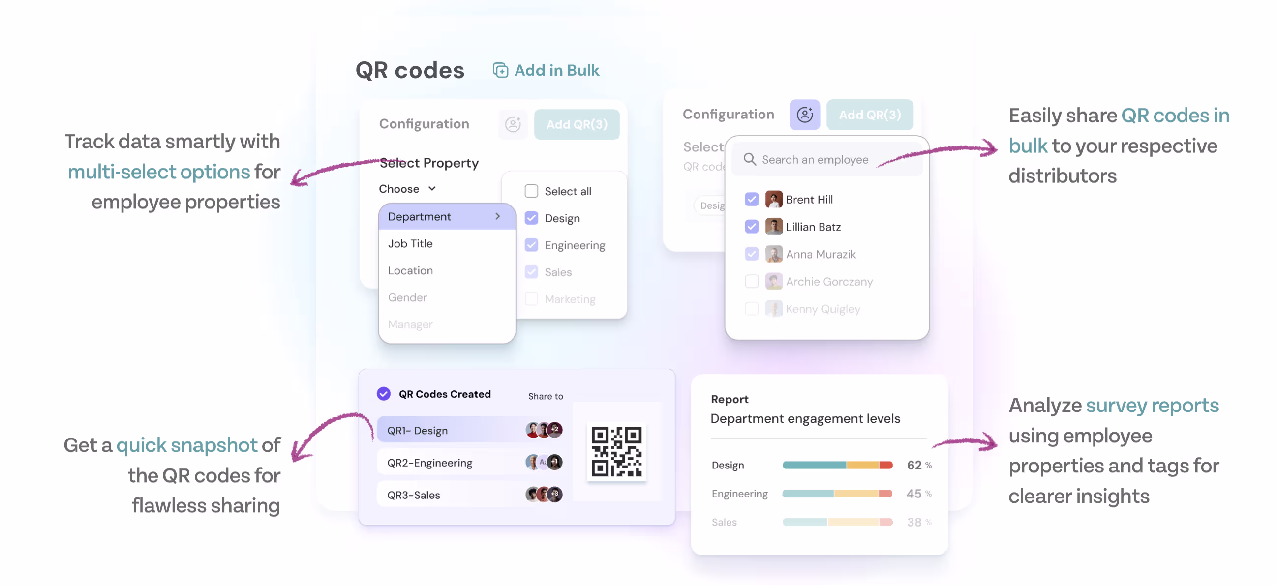 ThriveSparrow QR code employee survey sharing for frontline workers without email access