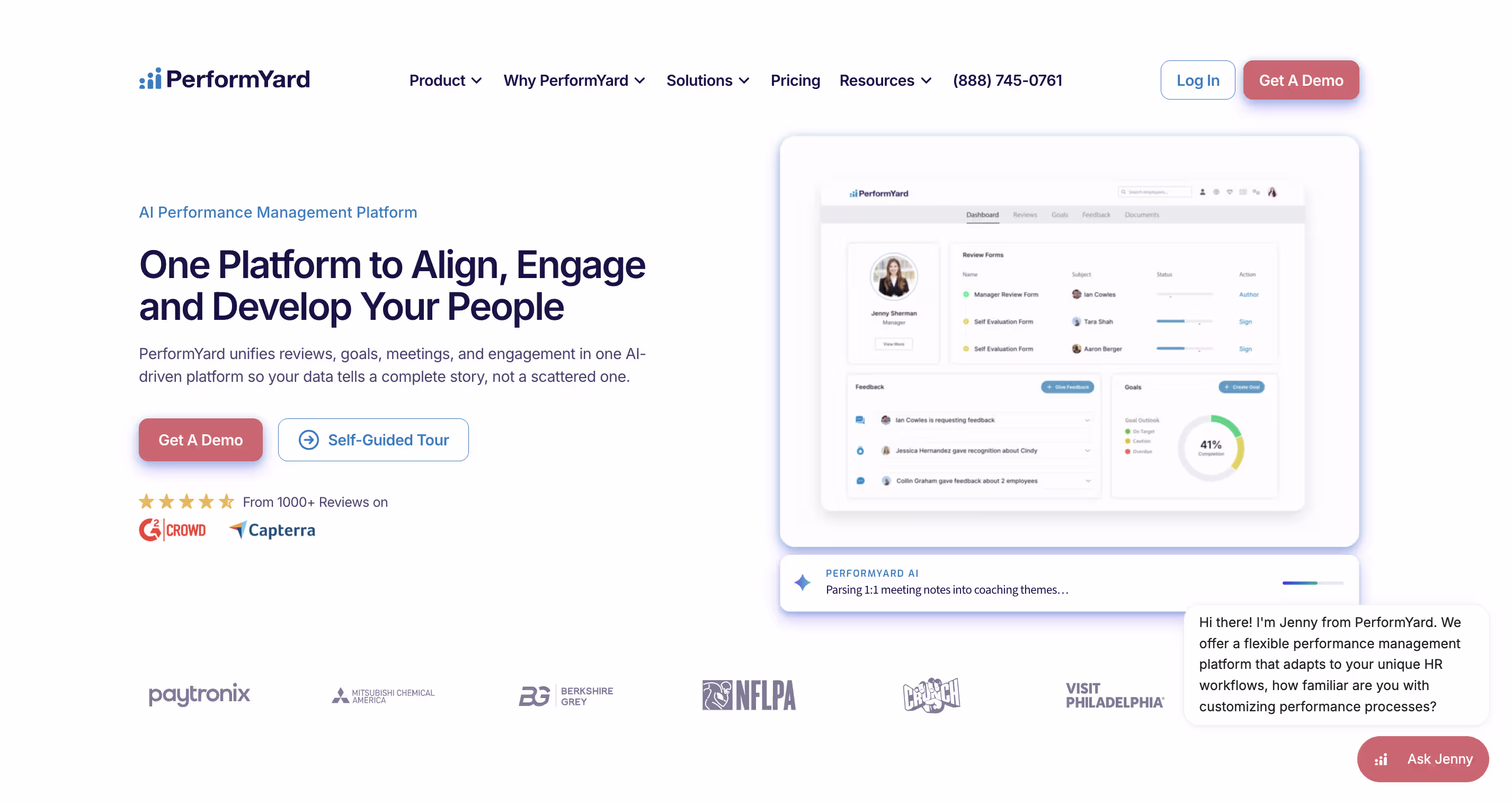PerformYard homepage showing its AI performance management platform, with dashboard preview of review forms, goals tracking, and feedback modules