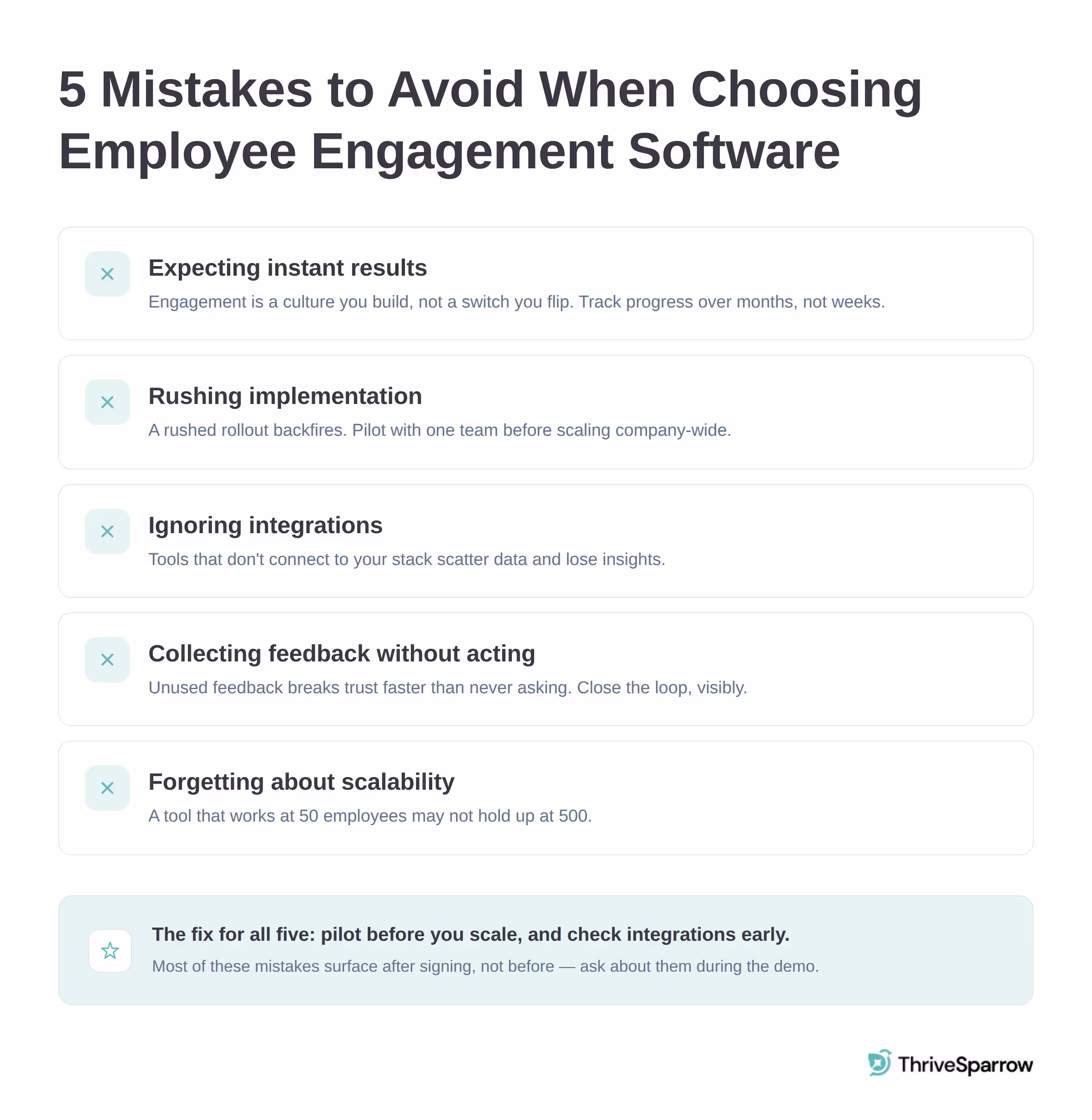 Infographic listing 5 common mistakes to avoid when choosing employee engagement software