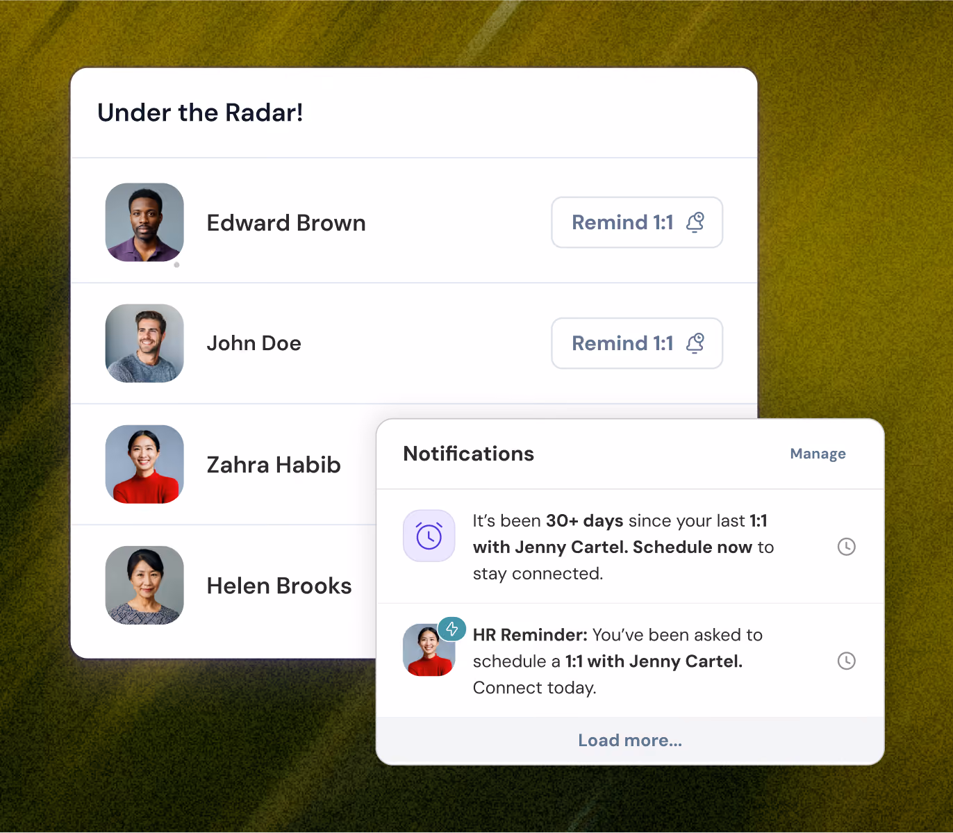 Under the Radar panel in ThriveSparrow's AI-native one-on-one software, flagging overdue 1:1s and reminder notifications