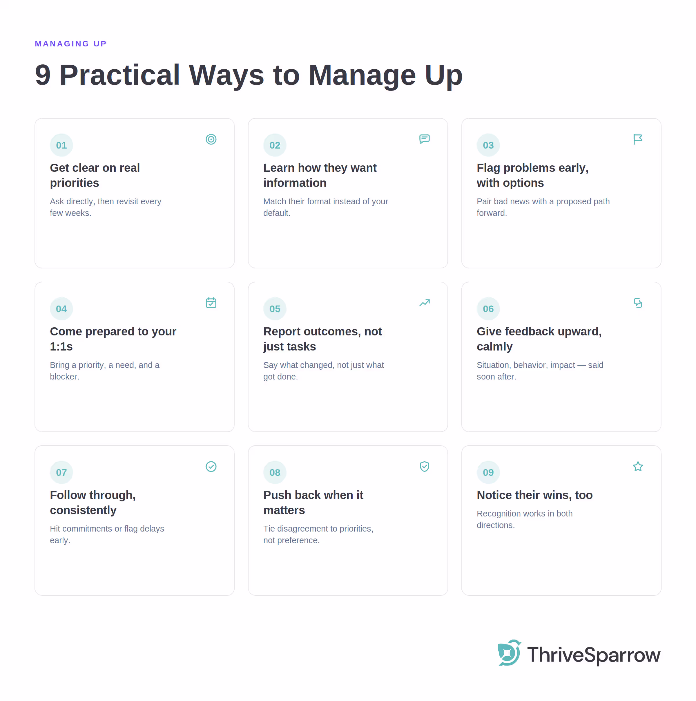 Infographic showing 9 practical ways to manage up, from clarifying priorities to giving upward feedback