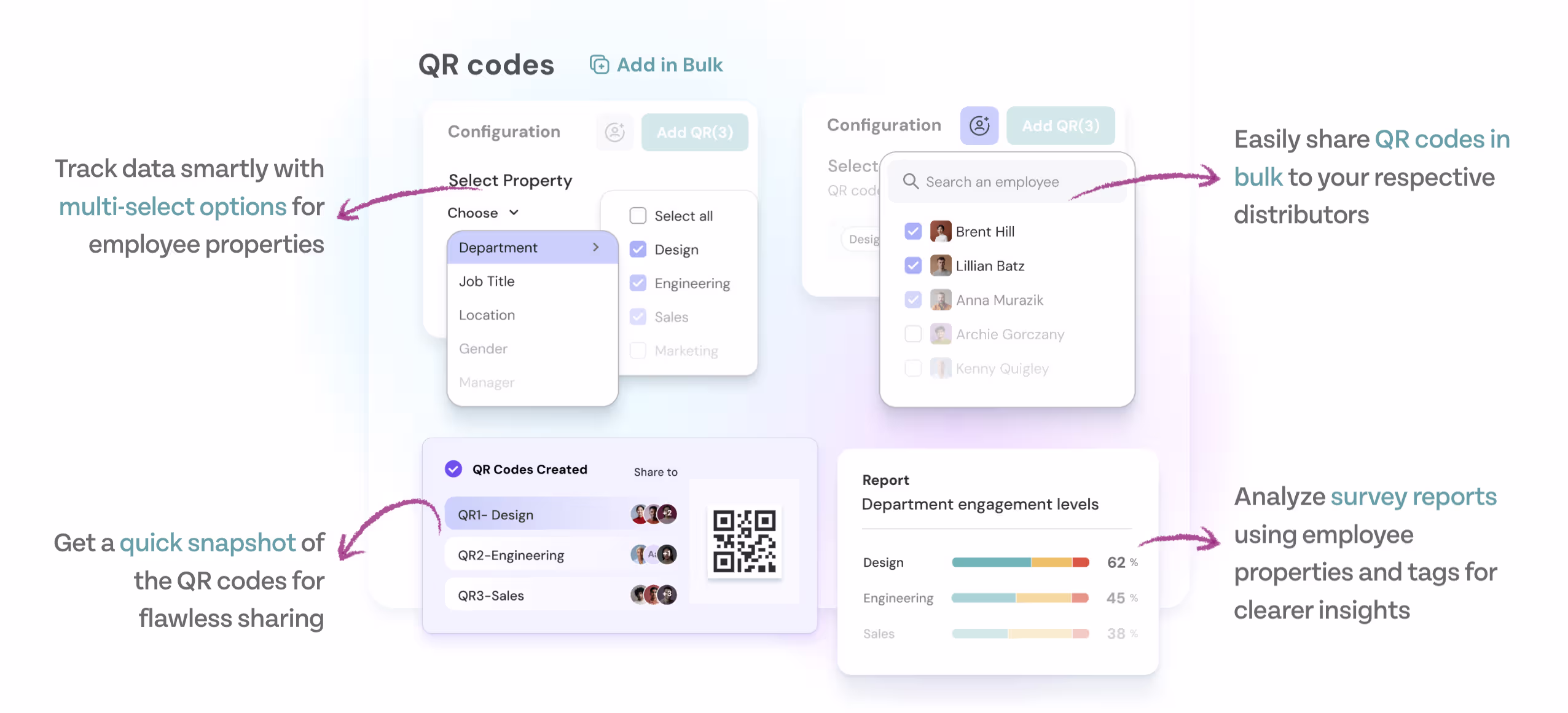 ThriveSparrow QR code survey sharing: creating QR codes by department, sharing them in bulk with distributors, and viewing department engagement levels in a survey report