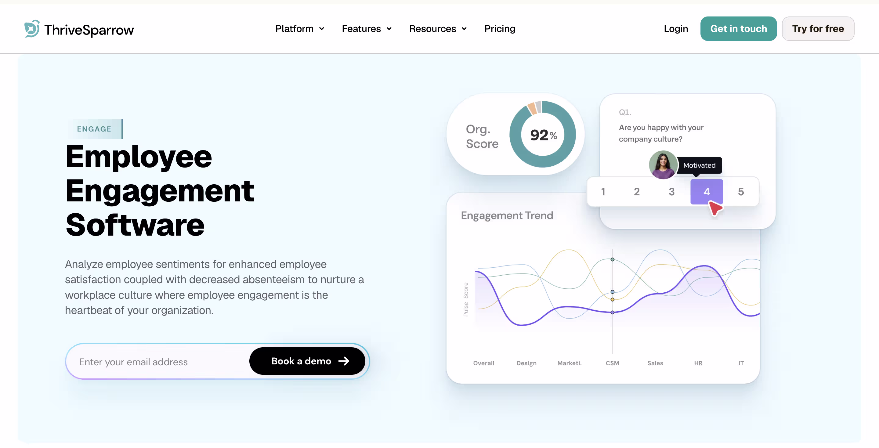 ThriveSparrow Engage employee engagement software showing an organization engagement score, a 1-to-5 pulse survey question and engagement trends by department