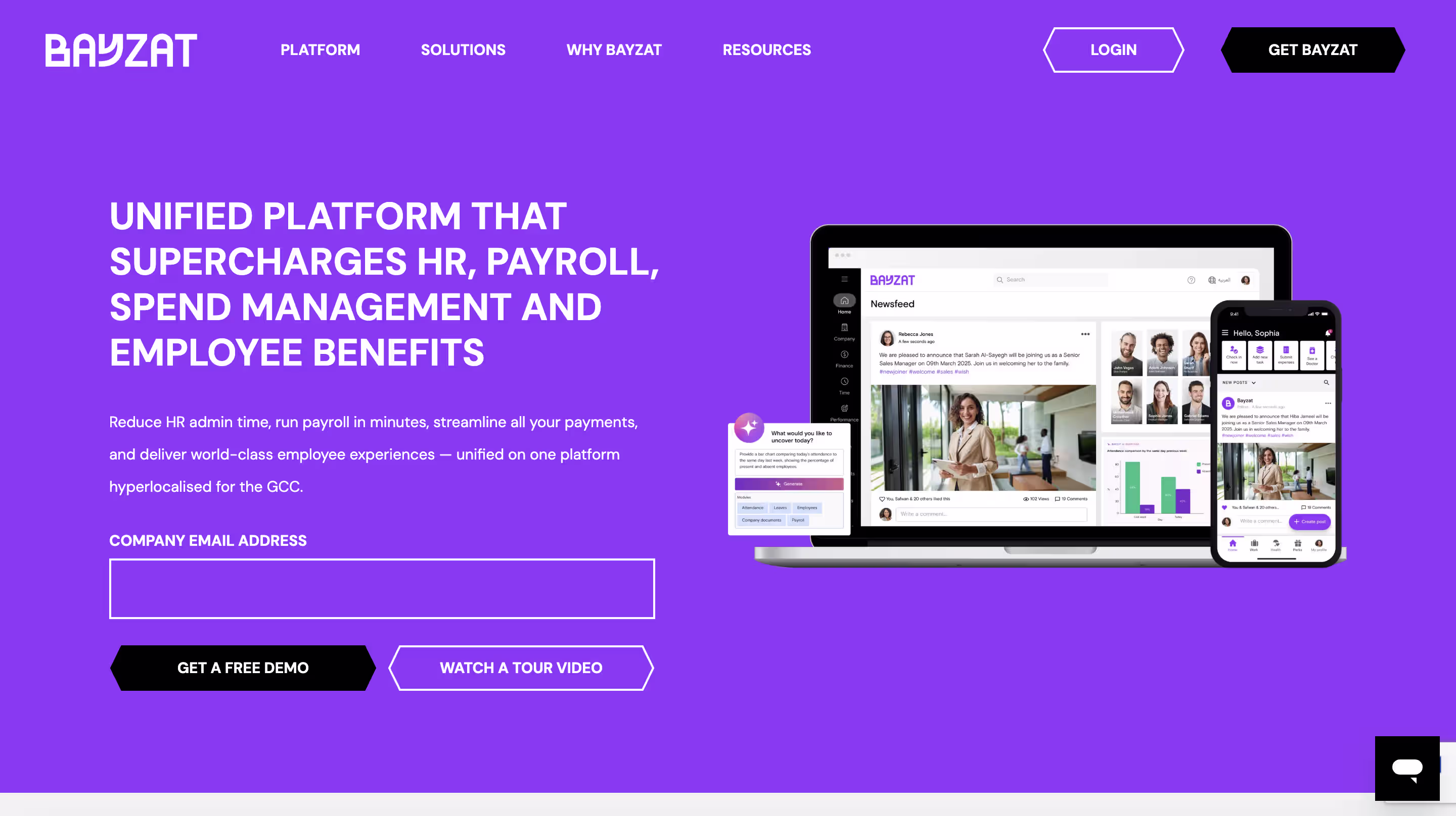 Bayzat HR and payroll platform showing a company newsfeed on desktop, the Bayzat employee mobile app and an AI assistant generating an attendance report