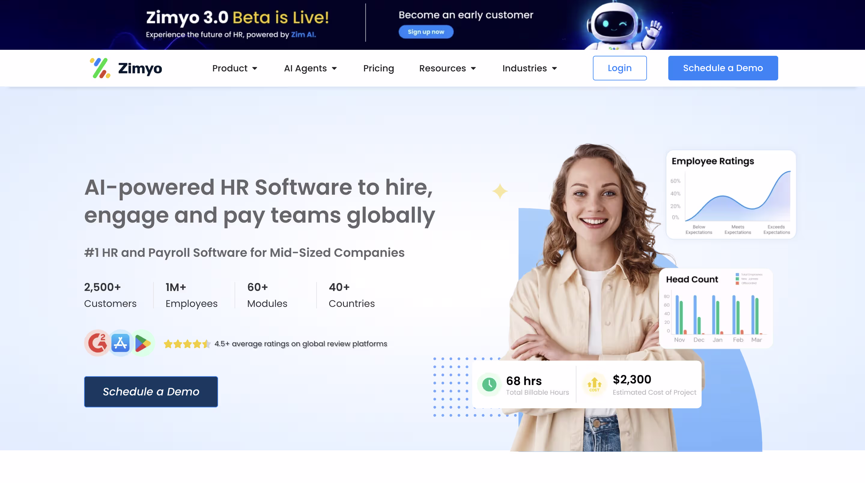 Zimyo AI-powered HR and payroll software showing employee rating and headcount dashboard widgets