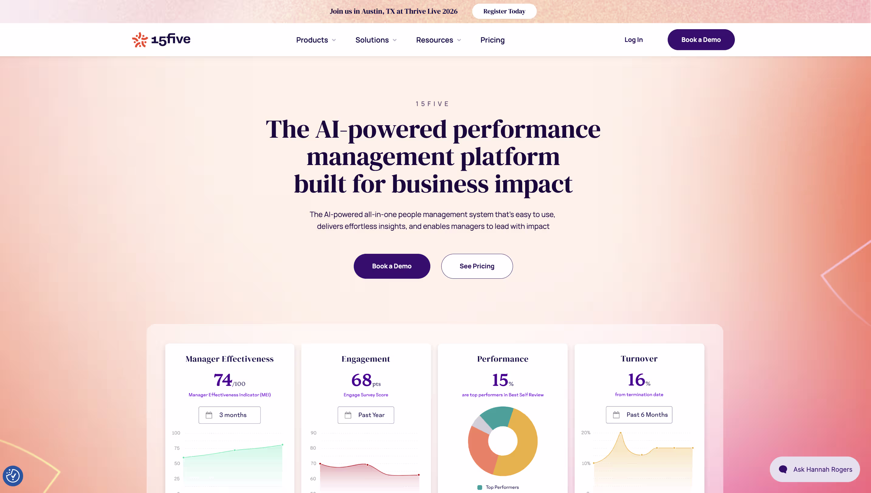 15Five homepage combining engagement surveys, check-ins and performance reviews