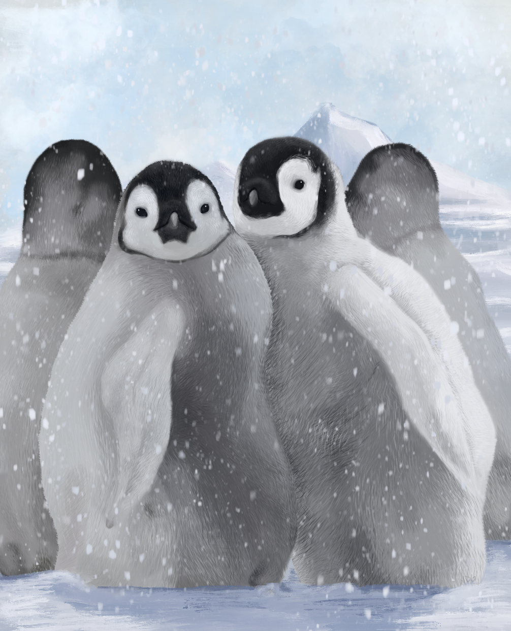 Emperor penguin chicks huddling together