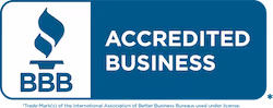 Better Business Bureau (BBB) Accredited Business seal with logo and text on a blue background.