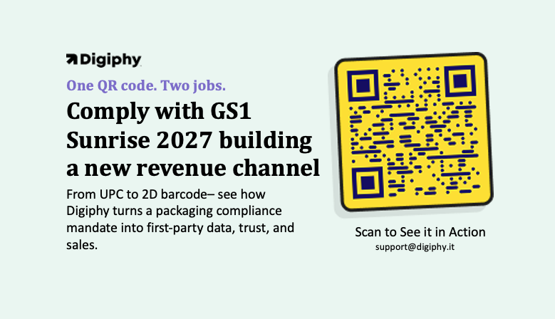 GS1 Sunrise 2027 2D barcode on retail packaging, transformed by Digiphy into a first-party data and revenue channel