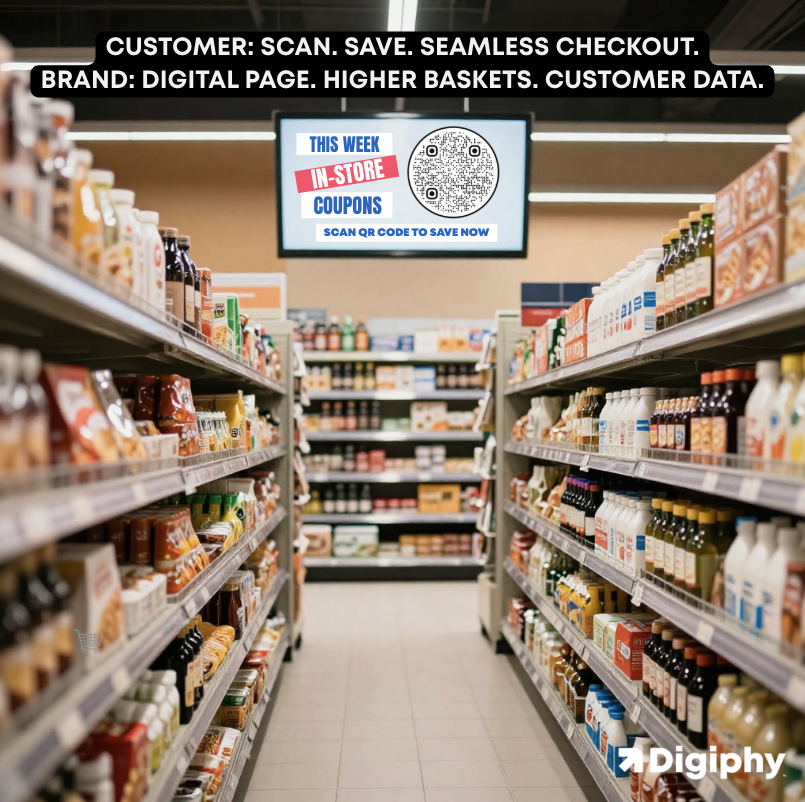 Digital ad screen hanging in a grocery aisle displaying a QR code and Scan to Save coupon offer